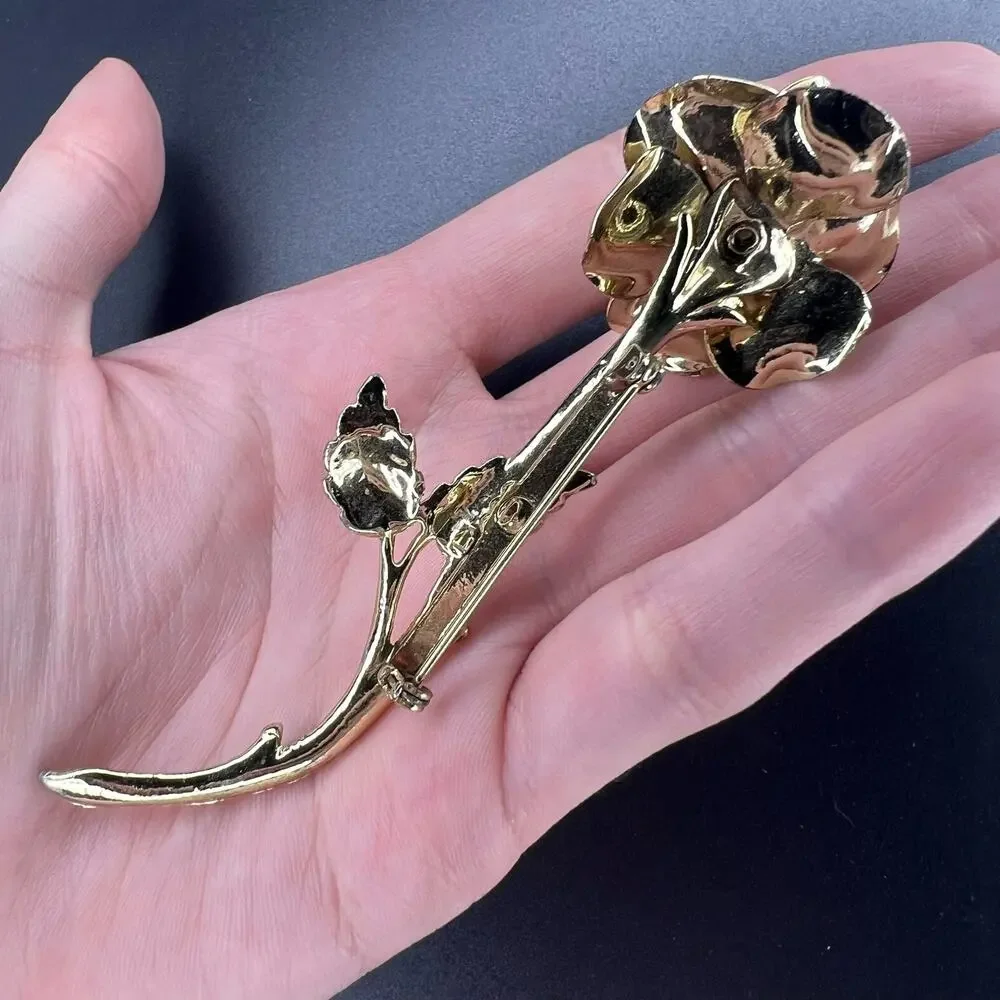 Vintage Large Statement Brooch Gold Tone AB Rindstones Flower Rose 3.75”